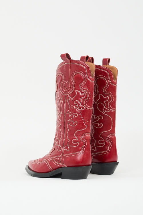 Ganni Red Leather Mid Shaft Embroidered Western Boot