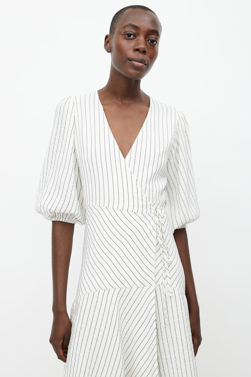 Ganni White 
Black Silk Stripe Wrap Dress