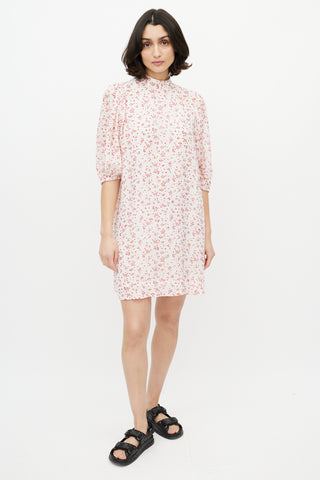 Ganni Red 
White Floral Puff Sleeve Dress