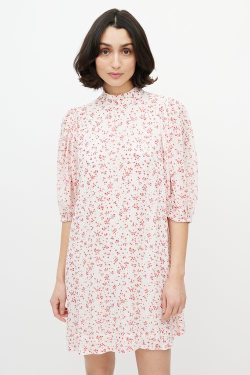 Ganni Red 
White Floral Puff Sleeve Dress