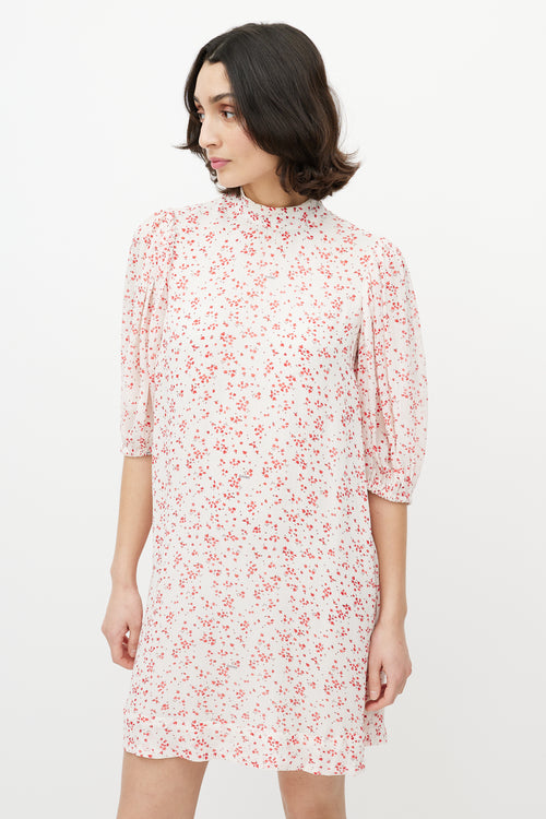 Ganni Red 
White Floral Puff Sleeve Dress