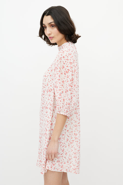 Ganni Red 
White Floral Puff Sleeve Dress