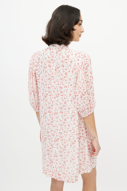 Ganni Red 
White Floral Puff Sleeve Dress