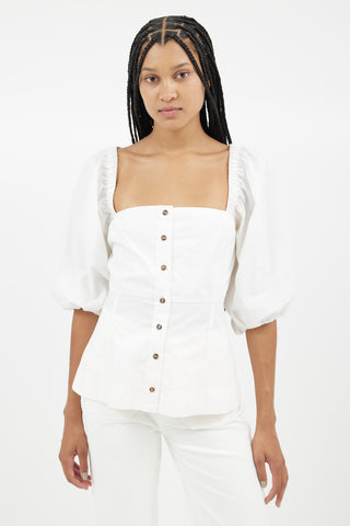 Ganni White Puff Sleeve Poplin Blouse