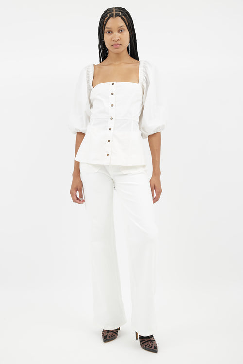 Ganni White Puff Sleeve Poplin Blouse