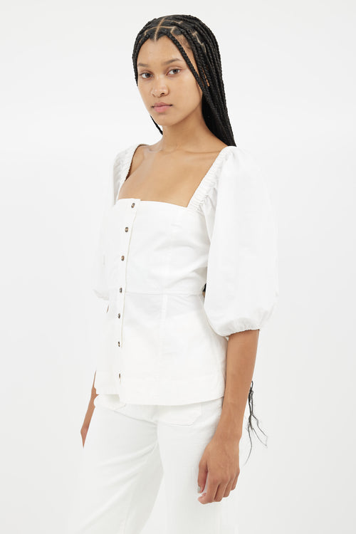 Ganni White Puff Sleeve Poplin Blouse