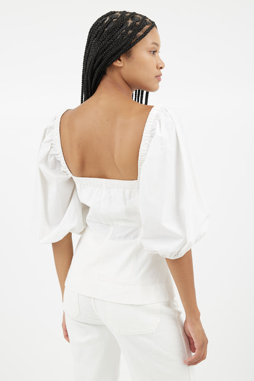 Ganni White Puff Sleeve Poplin Blouse