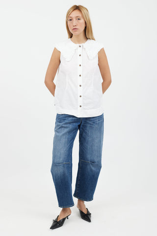 Ganni White Ruffle Collar Sleeveless Shirt