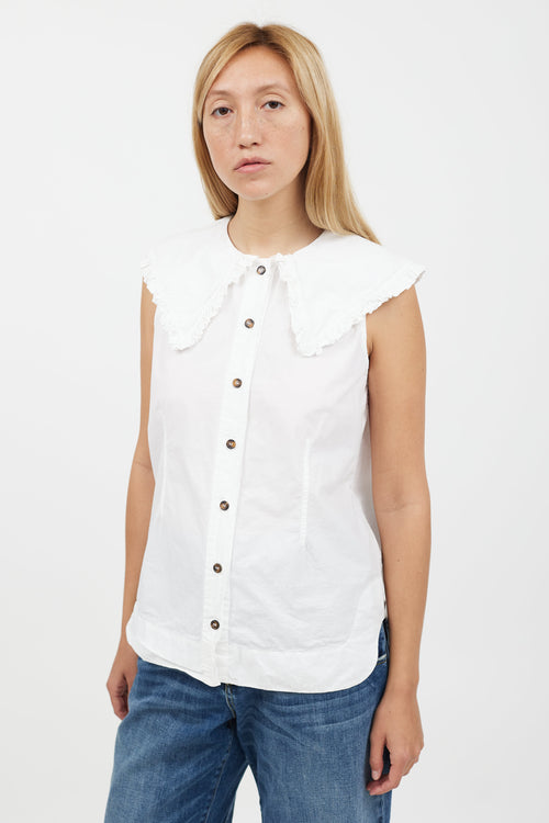 Ganni White Ruffle Collar Sleeveless Shirt