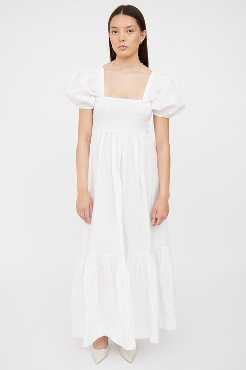 Ganni White Smocked Puff Sleeve Maxi Dress