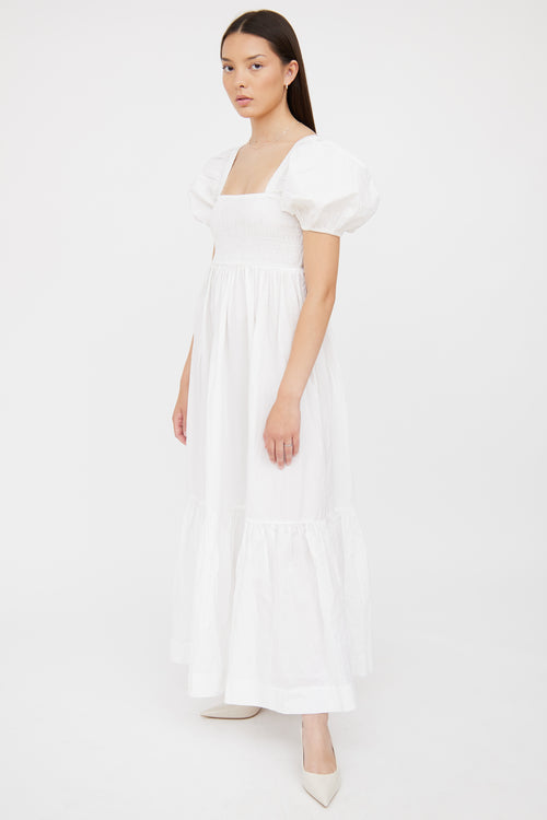 Ganni White Smocked Puff Sleeve Maxi Dress