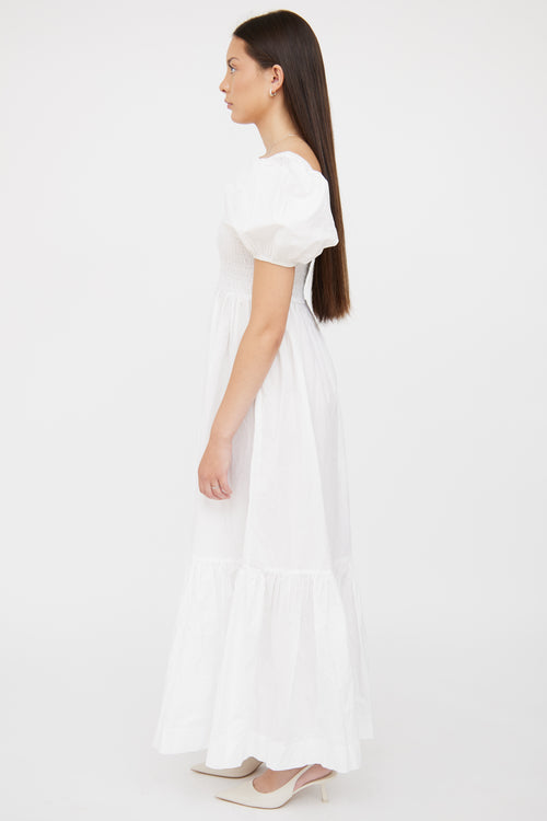 Ganni White Smocked Puff Sleeve Maxi Dress