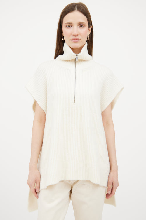 Ganni Cream Wool Blend Ribbed Zip Sweater