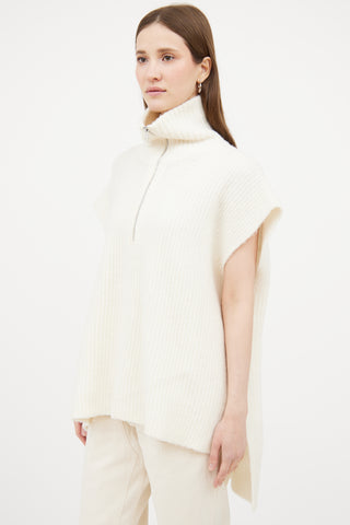 Ganni Cream Wool Blend Ribbed Zip Sweater