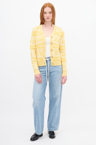 Ganni Yellow 
White Wool Logo Intarsia Cardigan