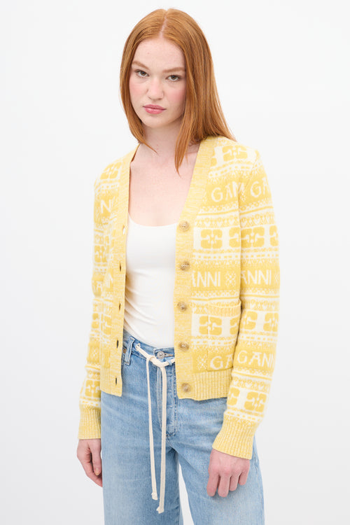 Ganni Yellow 
White Wool Logo Intarsia Cardigan