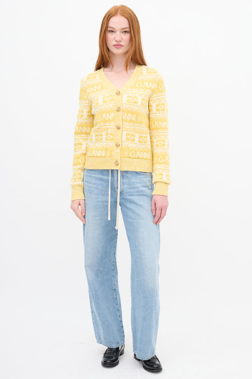 Ganni Yellow 
White Wool Logo Intarsia Cardigan