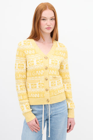 Ganni Yellow 
White Wool Logo Intarsia Cardigan