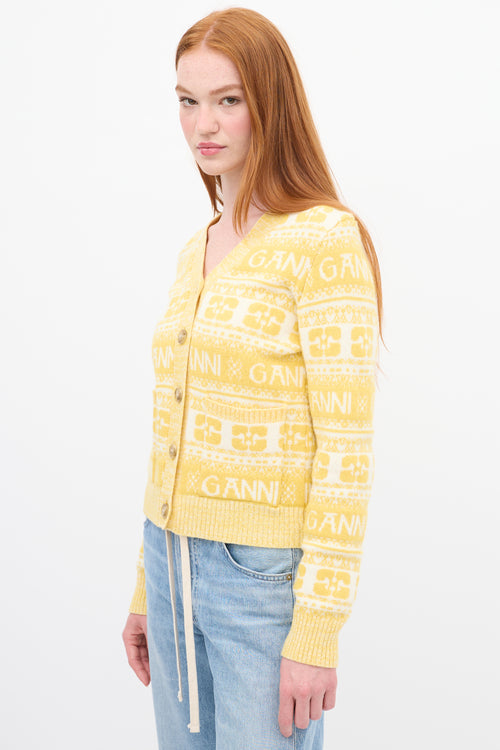 Ganni Yellow 
White Wool Logo Intarsia Cardigan