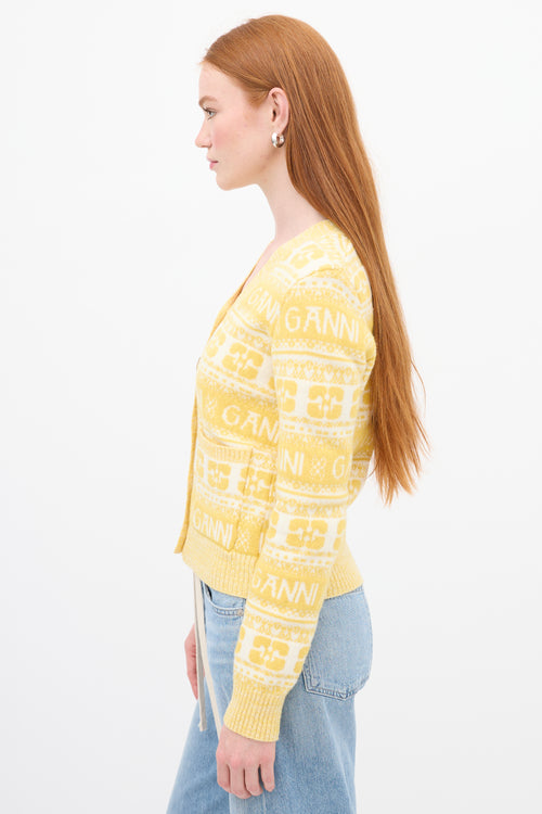 Ganni Yellow 
White Wool Logo Intarsia Cardigan