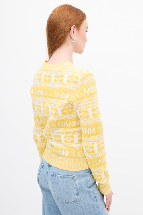 Ganni Yellow 
White Wool Logo Intarsia Cardigan