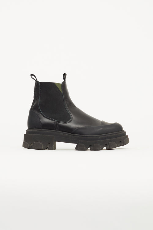 Ganni Black Leather Lug Sole Chelsea Boot