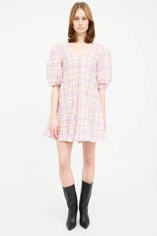 Ganni Purple 
Multi Plaid Puff Dress