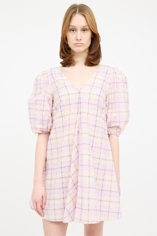 Ganni Purple 
Multi Plaid Puff Dress