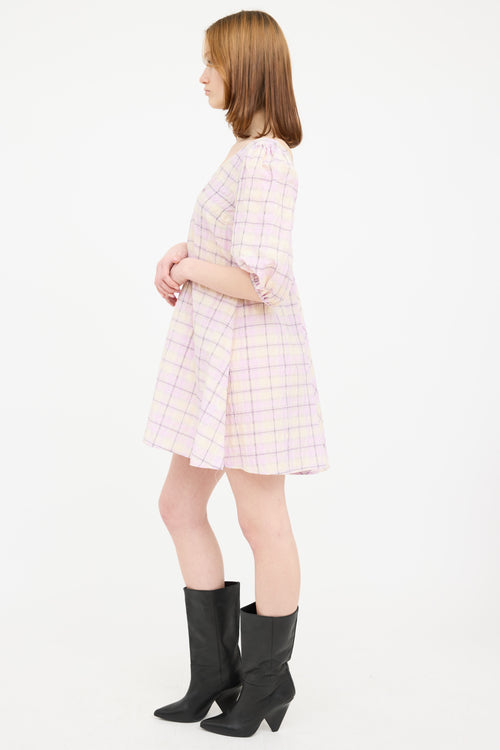 Ganni Purple 
Multi Plaid Puff Dress