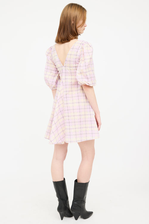 Ganni Purple 
Multi Plaid Puff Dress