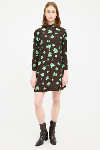 Ganni Brown 
Green Floral Long Sleeve Dress