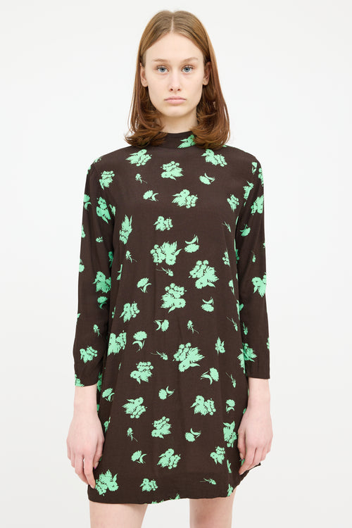 Ganni Brown 
Green Floral Long Sleeve Dress