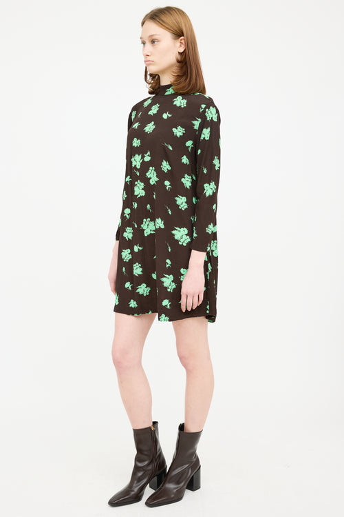 Ganni Brown 
Green Floral Long Sleeve Dress