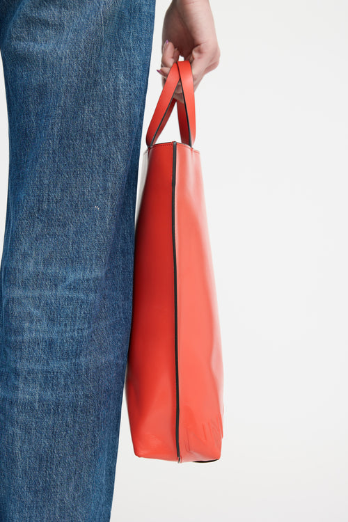 Ganni Orange Leather Banner Logo Tote Bag