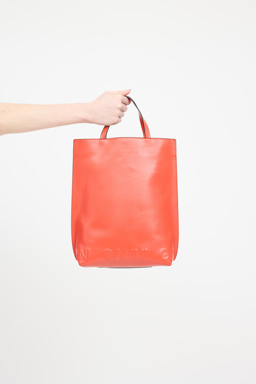 Ganni Orange Leather Banner Logo Tote Bag