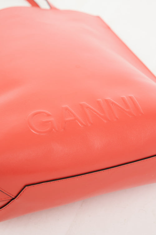 Ganni Orange Leather Banner Logo Tote Bag