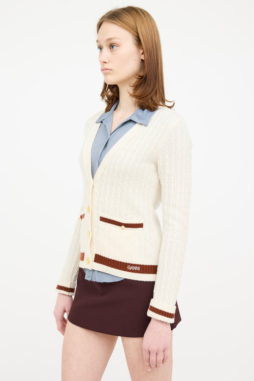 Ganni Cream 
Brown Wool Knit Cardigan