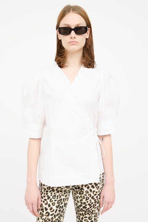 Ganni White Ruffle Puff Tie Top