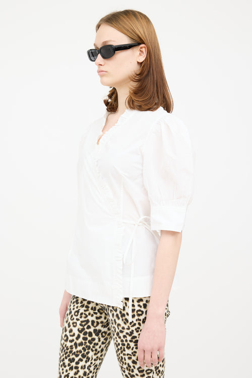 Ganni White Ruffle Puff Tie Top