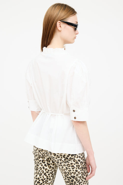 Ganni White Ruffle Puff Tie Top