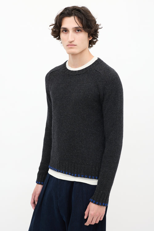 Gentry Portofino Dark Grey Wool Round Neck Embroidered Sweater