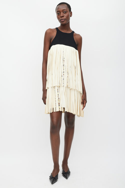 Giambattista Valli Black 
Cream Leather Tiered Fringe Dress