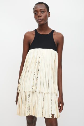 Giambattista Valli Black 
Cream Leather Tiered Fringe Dress