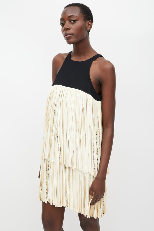 Giambattista Valli Black 
Cream Leather Tiered Fringe Dress