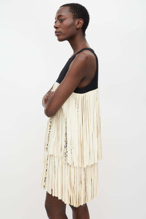 Giambattista Valli Black 
Cream Leather Tiered Fringe Dress