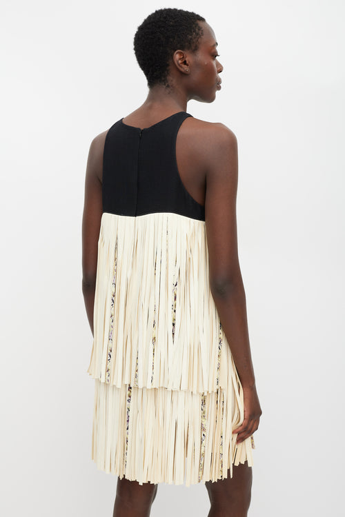 Giambattista Valli Black 
Cream Leather Tiered Fringe Dress