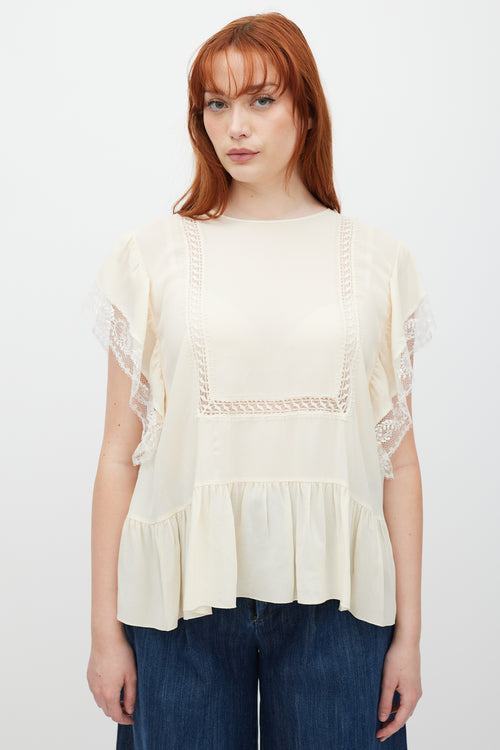 Giambattista Valli Cream Ruffled Lace Top