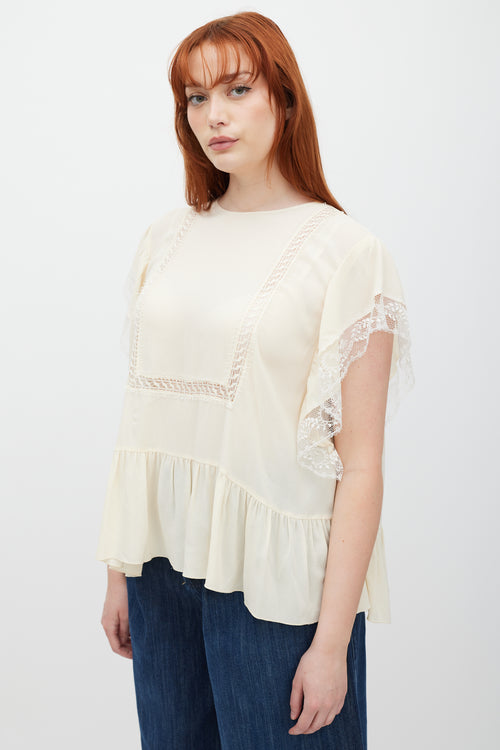 Giambattista Valli Cream Ruffled Lace Top