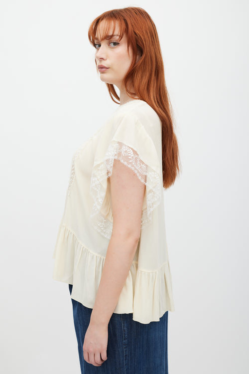 Giambattista Valli Cream Ruffled Lace Top