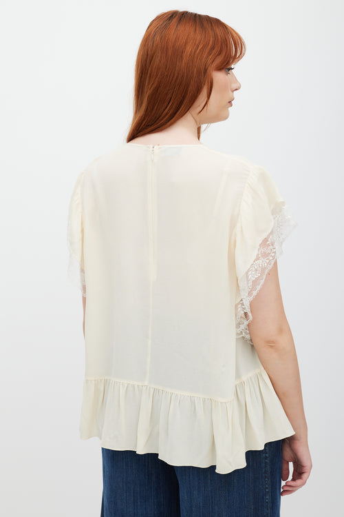 Giambattista Valli Cream Ruffled Lace Top